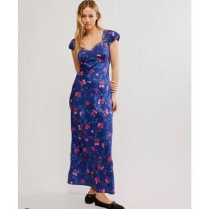 Free People NWT Butterfly Babe Floral Blue Maxi Laxe Dress, Size Medium